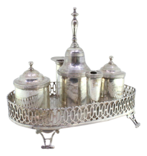 Silver Inkwell with Grid with Tanks, Pen Holder, Bell and Feet