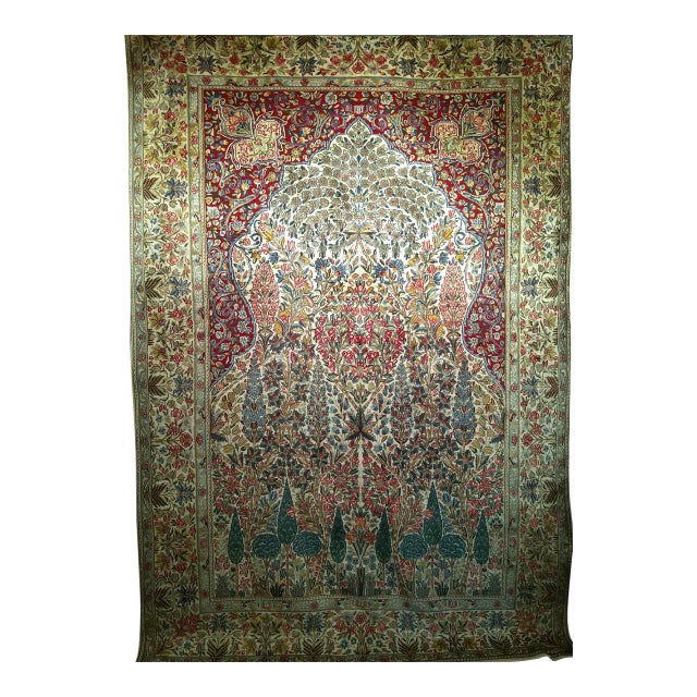 Vintage Persian Kerman Lavar Rug, Hand-Knotted Wool, Tree of Life Pattern, Ivory & Green, 7x10 For Sale