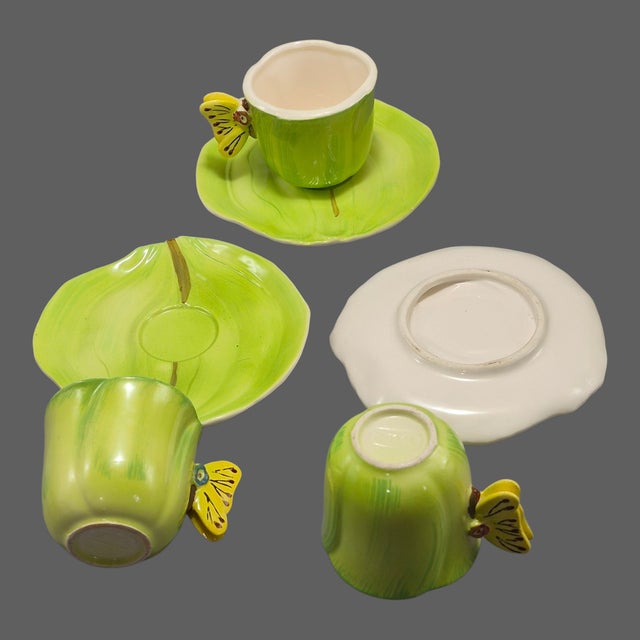 Vintage Italian Ceramic Green Tulip Shaped Leaf Butterflies Demi Tasse Nine-Piece Espresso Set For Sale - Image 6 of 10