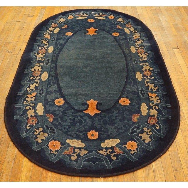 Early 20th Century Oval Chinese Peking Carpet ( 4' x 6'8" - 122 x 203 ) Antique 1920s Hand Knotted Pile Wool Oval Blue...