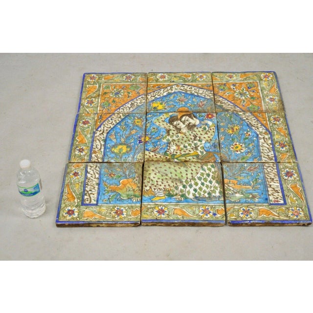 Antique Persian Iznik Qajar Style Ceramic Pottery Blue and Orange Tile Man and Woman Mosaic Set C6 - 9 Pc Set. Item...