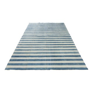 1950s Vintage Dhurrie Flat Weave in Blue Stripes by Rug & Kilim For Sale