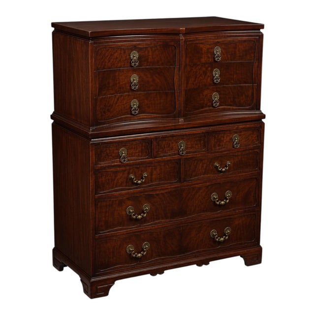 J.B. Van Sciver Company Chinese Chippendale Chinoiserie Pagoda j.b. Van Sciver Mahogany 4 Pc. Headboard Highboy Chest Mirror For Sale - Image 4 of 10