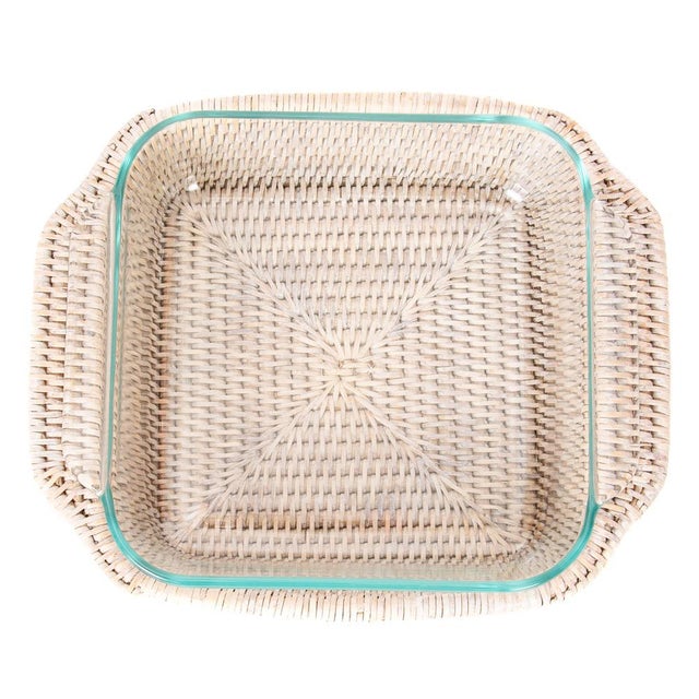 2020s Artifacts Rattan Square Baker Basket with Pyrex in White Wash - 2 Pieces For Sale - Image 5 of 7