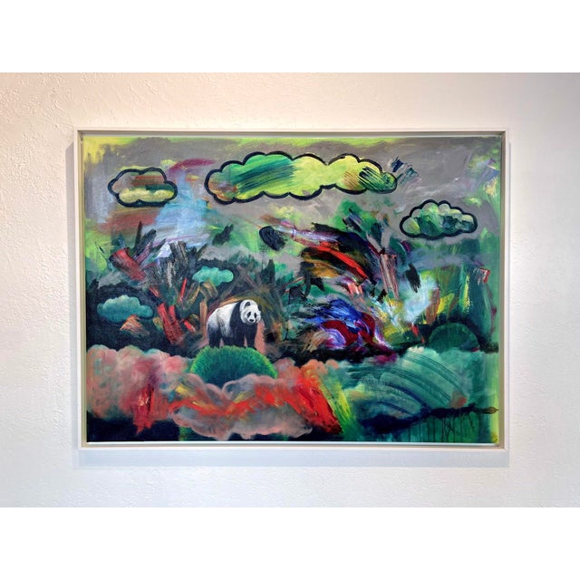 This artwork features a solitary panda set against a vibrant, abstract landscape filled with dynamic brushstrokes and...