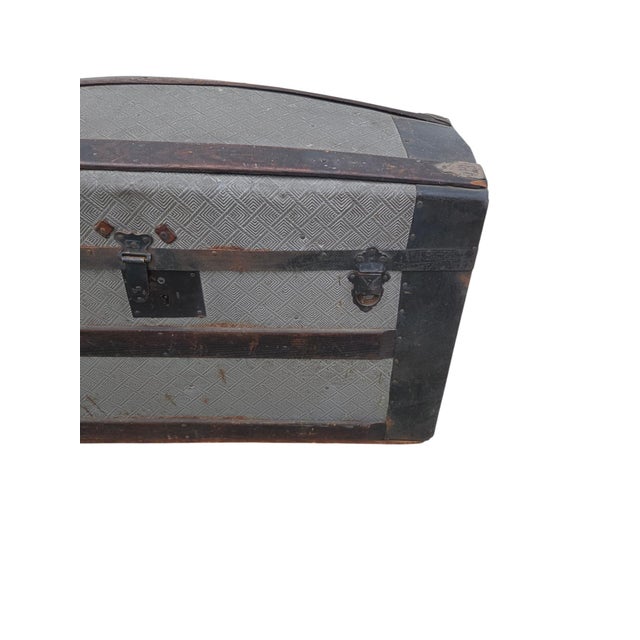 Antique Fitted Embossed Tin Dome Top Humpback Steamer Travel Trunk Chest For Sale - Image 18 of 18