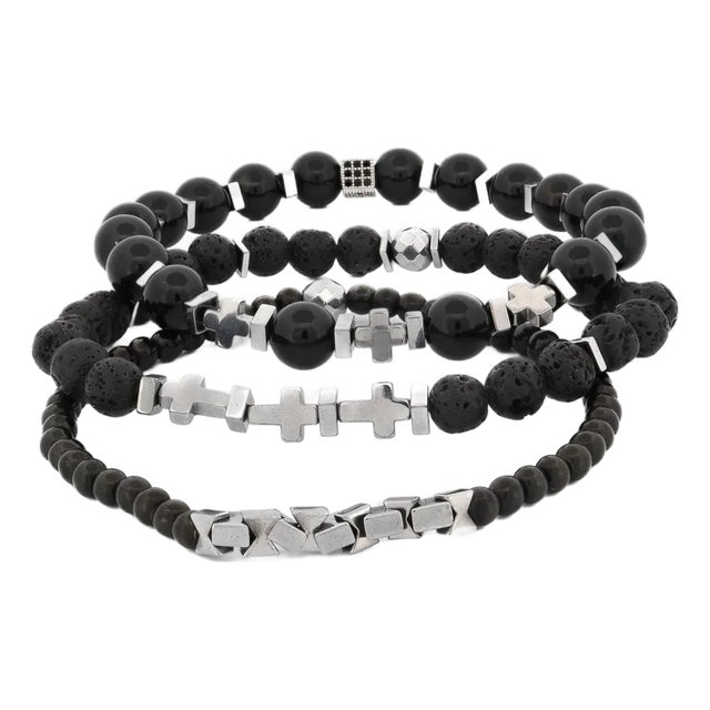 Black Gemstone & Hematite Power Trio Bracelet Set For Sale