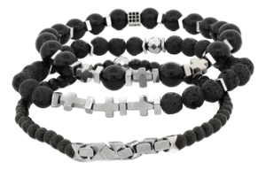 Black Gemstone & Hematite Power Trio Bracelet Set