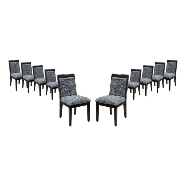 Barbara Barry for Baker Set of 10 Lacquered Black & White Fabric Dining Chairs For Sale