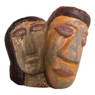 Naïve Folk Art Wooden Sculpture of Couple, 1970s For Sale