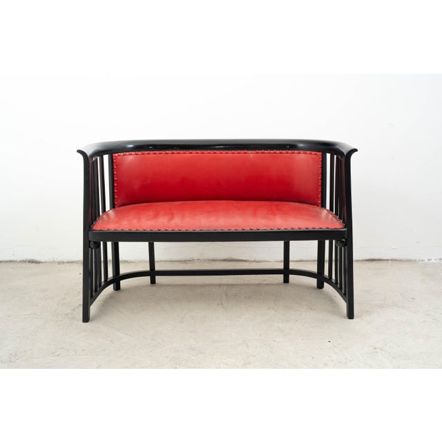 Fledermaus Sofa in Black-Finished Beech and Red Leather by Josef Hoffmann for Jacob & Josef Kohn, 1890s, in Worn...