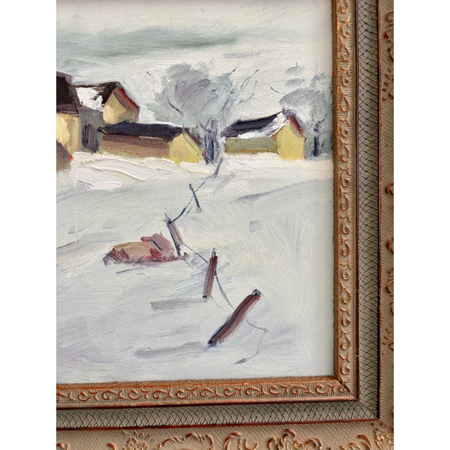 Vintage Original Oil Painting on Board – Snowy Farm and Barn Winter Landscape – Ornate Frame For Sale - Image 13 of 17
