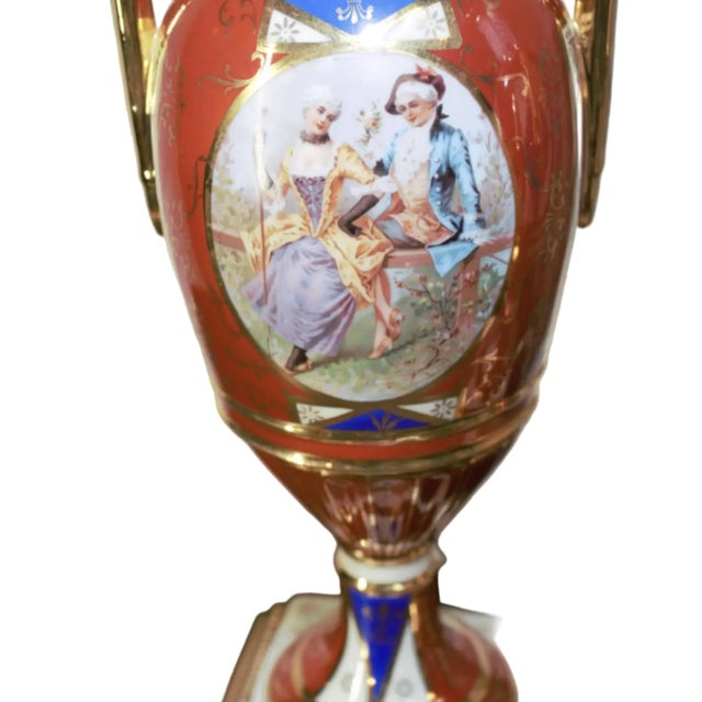 Metal Antique French Sevres Style Hand Painted Porcelain and Brass Electrified Urns Table Lamps - Pair For Sale - Image 7 of 7