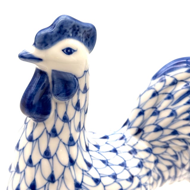 Blue Vintage Fishnet Design Ceramic Porcelain Rooster by Andrea Sadek For Sale - Image 8 of 9