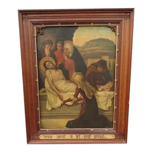 1910 "14th Station of the Cross in a Flame" Renaissance Revival Style Figurative Oil Painting, Framed