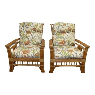Coastal Creations Rattan Armchairs With High-End Embroidered Crewel Cushions- a Pair For Sale