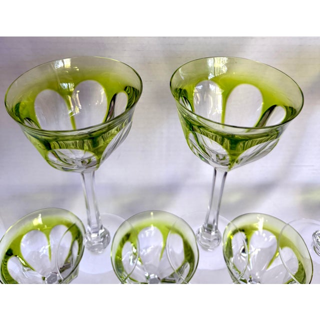 Art Deco 1930s Moser Lady Hamilton Green Overlay Crystal Wine Glasses, Set of 7 For Sale - Image 3 of 10
