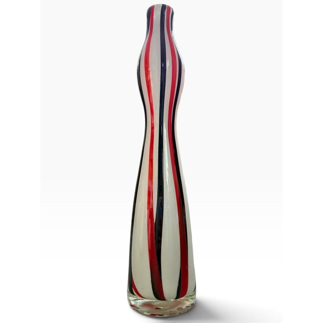 Vintage MayRich Company Handcrafted Art Glass Vase Red Black & White Ribbon For Sale - Image 4 of 6
