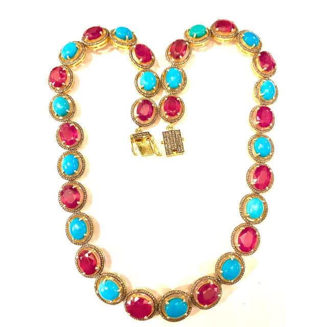 Gemstone Bochic "Capri" Vintage Ruby, Turquoise & Diamond Necklace & Earrings Set 18K Gold For Sale - Image 7 of 18