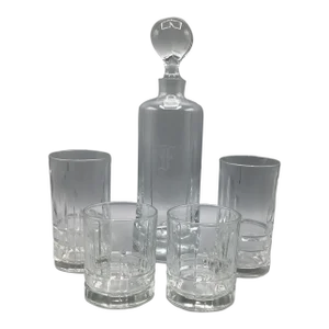 Krosno “f” Etched Crystal Decanter and Crystal Crown Stopper With 2 Highball Glasses and 2 Lowball Glasses-Set of 5