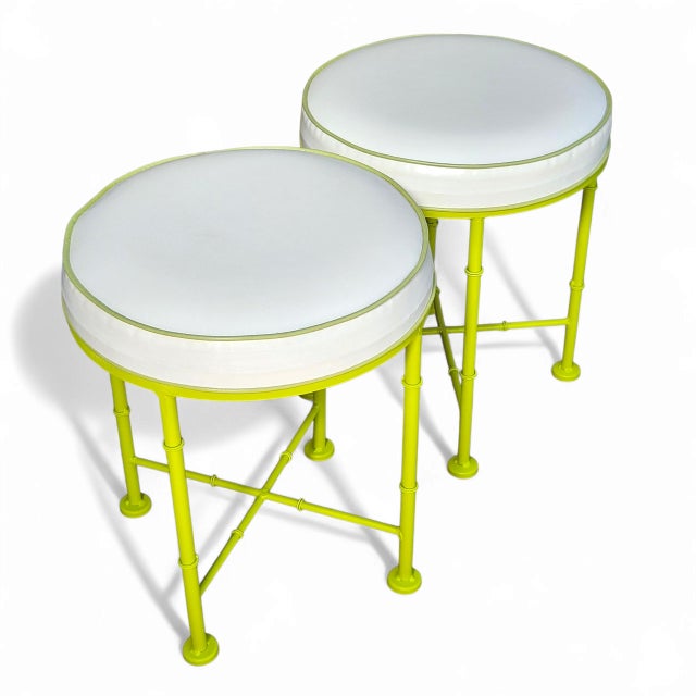 Mid 20th Century Pair of Mid Century Faux Bamboo Stools in the Style of Phyllis Morris – Green Metal & White Vinyl For Sale - Image 5 of 12