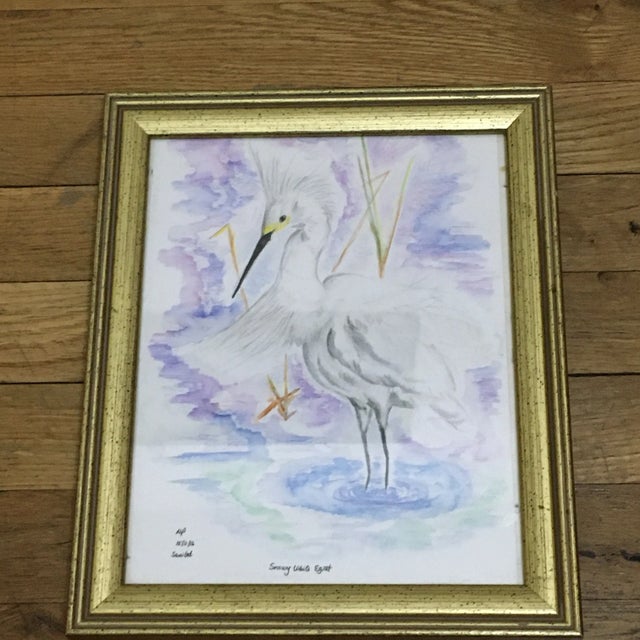 Beautiful watercolor of a snowy white egret on Sanibel Island Florida. Initialed and dated.