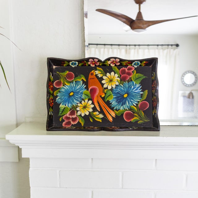 1930s Hand Painted Mexican Folk Art Tray With Polychrome Flowers and Bird For Sale - Image 4 of 16