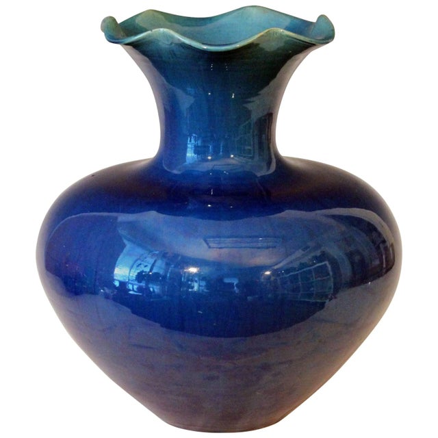 Blue Large Antique Art Nouveau Awaji Pottery Vase With Blue Monochrome Glaze For Sale - Image 8 of 8