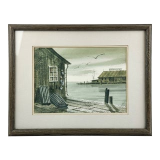 Vintage George Bjorkland Signed Coastal Harbor Scene – Original Watercolor Painting For Sale