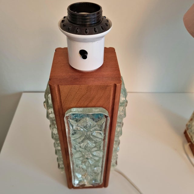 Scandinavian Teak and Glass Mid Century Modern Table Lamp Pair (1960s) This rare, retro-style Scandinavian table lamp pair...