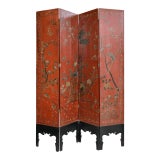 Asian Four-Panel Red and Black Floor Screen With Decorations For Sale