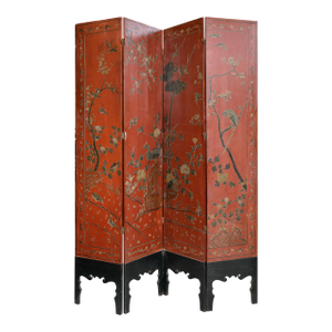 Asian Four-Panel Red and Black Floor Screen With Decorations