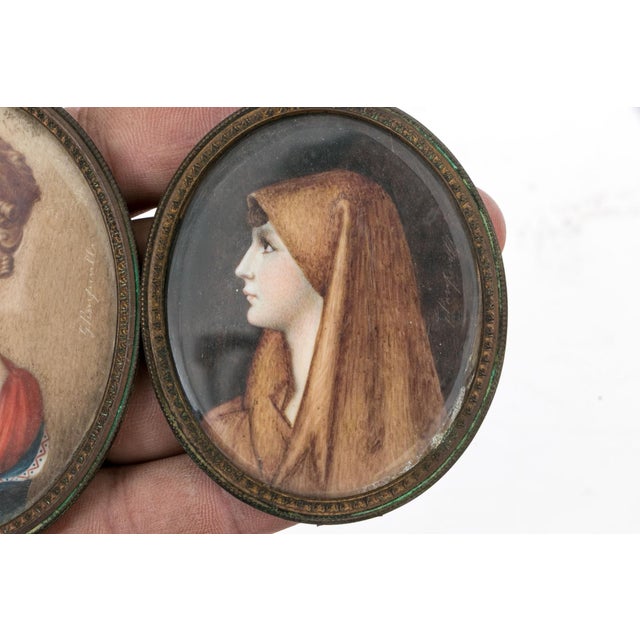 Pair of Antique Hand-Painted Miniature Portraits After Masters For Sale - Image 4 of 6