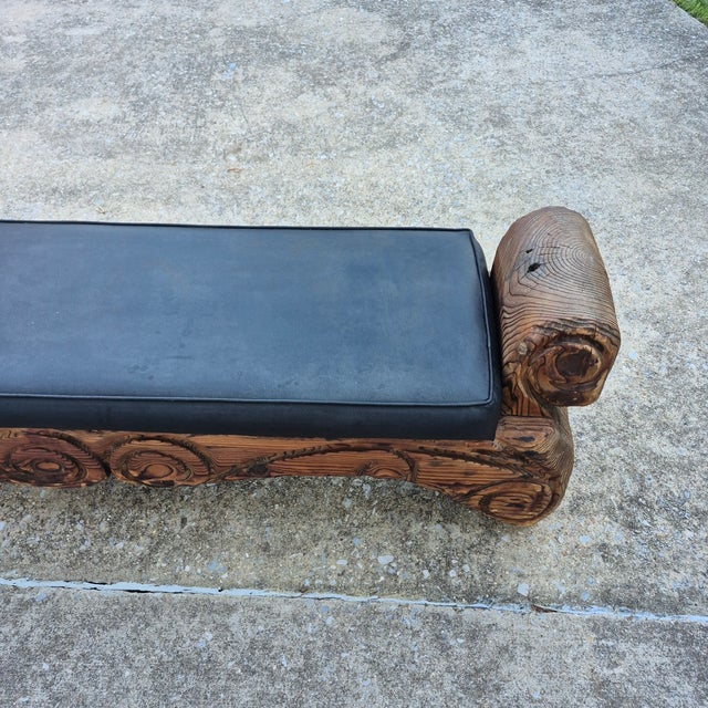 Mid-Century William Westenhaver for Witco Attributed Tiki Polynesian Black Faux Leather & Carved Bench For Sale In Washington DC - Image 6 of 10