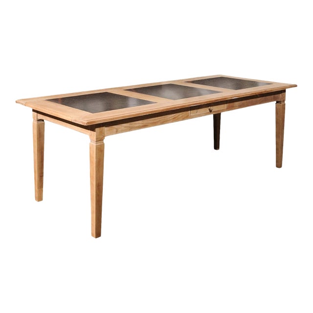 Mid 20th Century Southern French Mid Century Natural Oak Dining Table with Fossil Black Marble Top For Sale