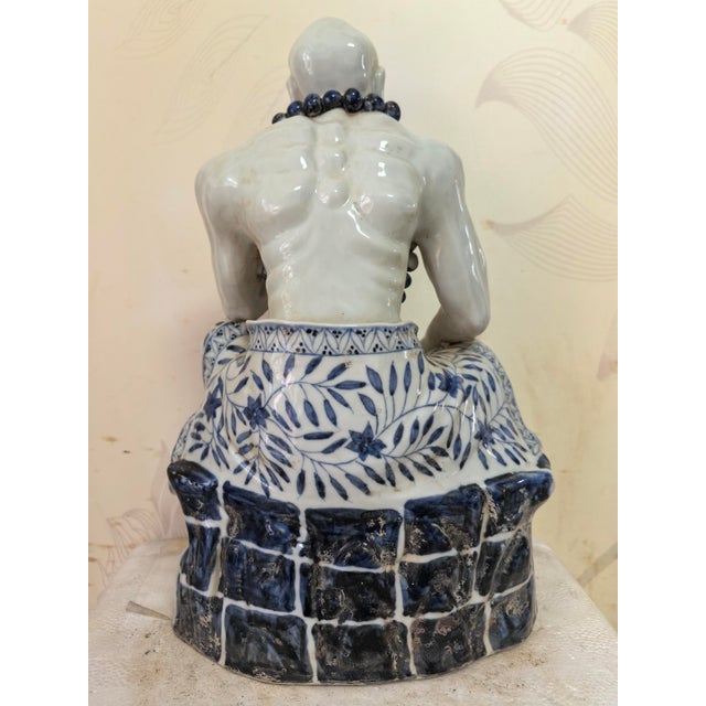 Early 20th Century Chinese Vintage Ceramic Buddhist Sculpture,Hand Carved Blue and White Porcelain the Eighteen Arhats Statue For Sale - Image 5 of 9