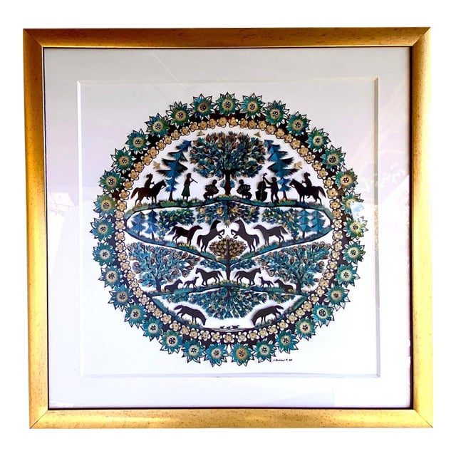 1990s Scherenschnitte Artwork a Colorful Paper Cutting With Horses and Children by Elisabeth Bottesi-Fischer For Sale