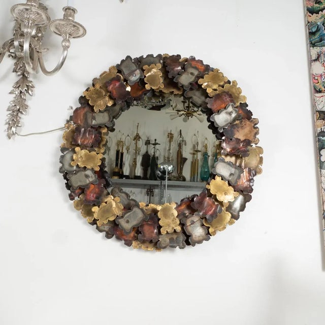 Torch cut mixed metal brutalist mirror in the style of C. Jere and Silas Seandel.