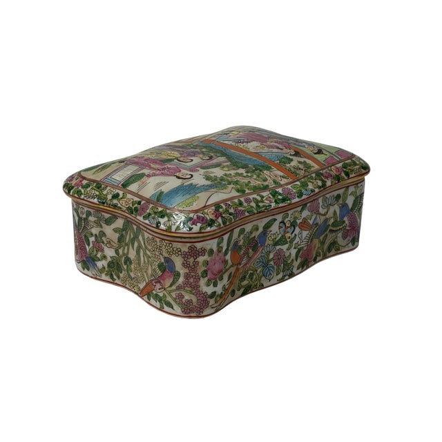Ceramic Vintage Famille Rose Enamel Figural Scenery Rectangular Shape Porcelain Box For Sale - Image 7 of 10