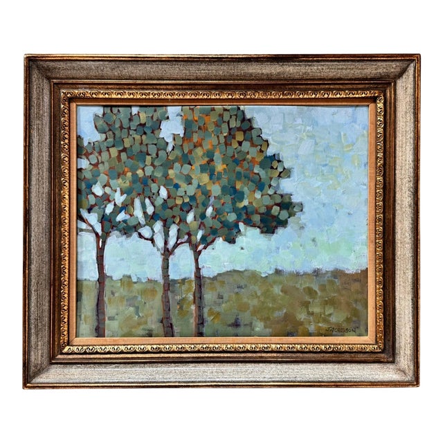 Textural Serenity: Jacobson's Three Little Trees. Oil Painting For Sale