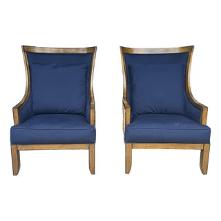 Late 20th Century Pair of Palecek Woven Wingback Lounge Chairs With Navy Cushions For Sale