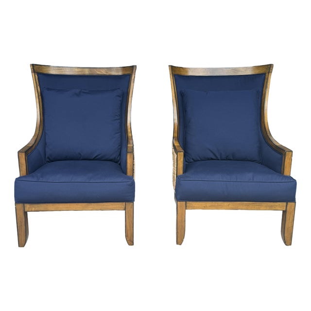 Late 20th Century Pair of Palecek Woven Wingback Lounge Chairs With Navy Cushions For Sale