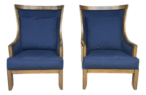 Late 20th Century Pair of Palecek Woven Wingback Lounge Chairs With Navy Cushions