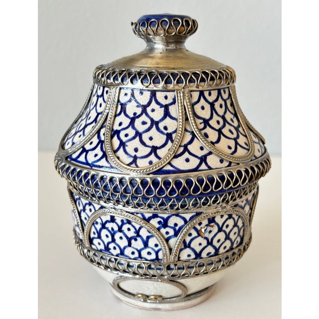 Blue Vintage Moroccan Fez Pottery Lidded Jobbana Jar With Silver Filigree Circa 1980 For Sale - Image 8 of 12