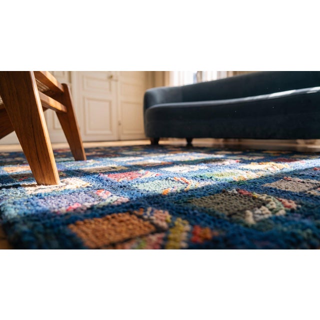 Textile 1920s Multicolor Geometric Antique Log Cabin American Hooked Rug 2'7" X 3'3" Handknotted Wool Carpet For Sale - Image 7 of 8