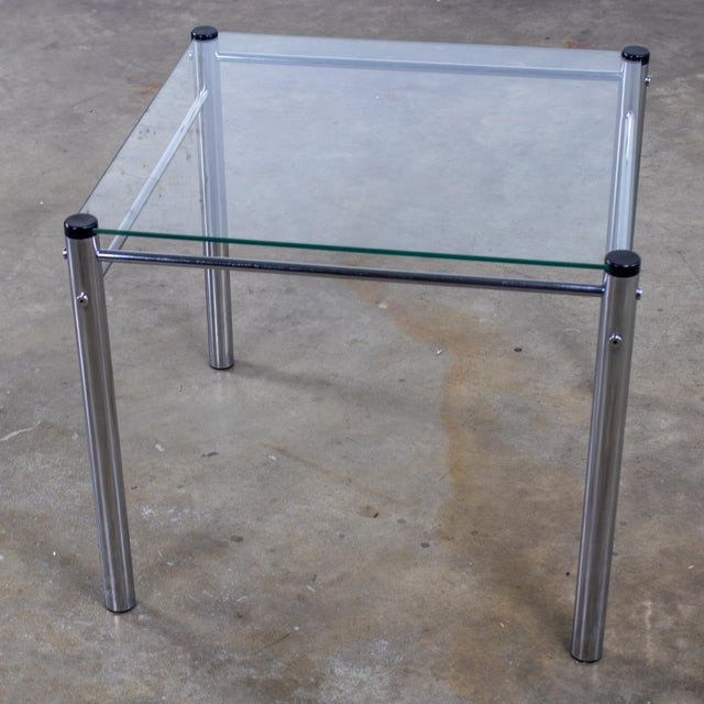 1970’s Modern Square End or Side Table by James David Cylindrical Chrome Tube Frame & Glass Top For Sale - Image 4 of 18