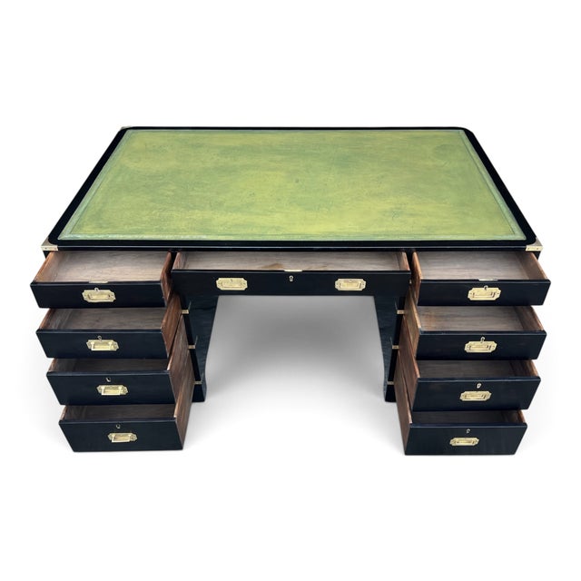 Antique British Campaign Style Executive Desk With Green Leather Writing Top For Sale In Los Angeles - Image 6 of 15