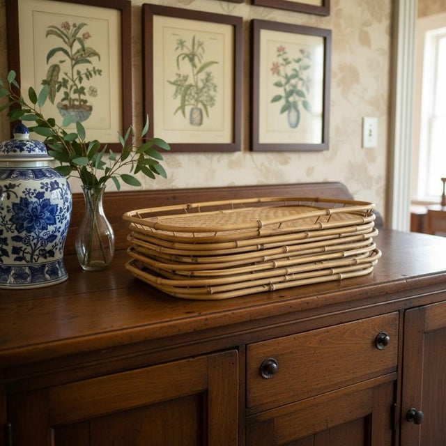 Mid-Century Modern Vintage Bamboo Rattan Serving Trays-Set of 7-Woven-Tiki-Boho-MCM-60s-Coastal-Lap For Sale - Image 3 of 10