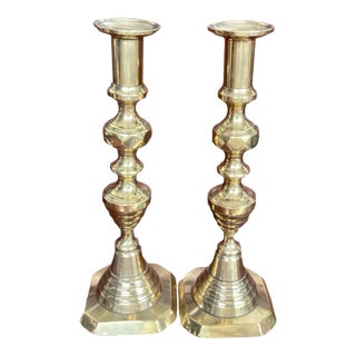 Tall Pair of Antique 19th Century Beehive Brass Candlesticks For Sale