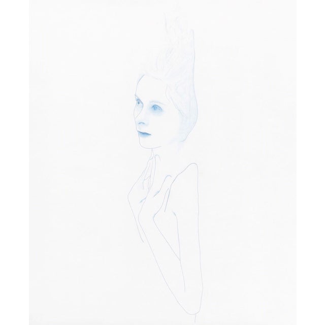 This artwork features a delicate figure rendered in soft, ethereal tones of blue against a stark white background. The...